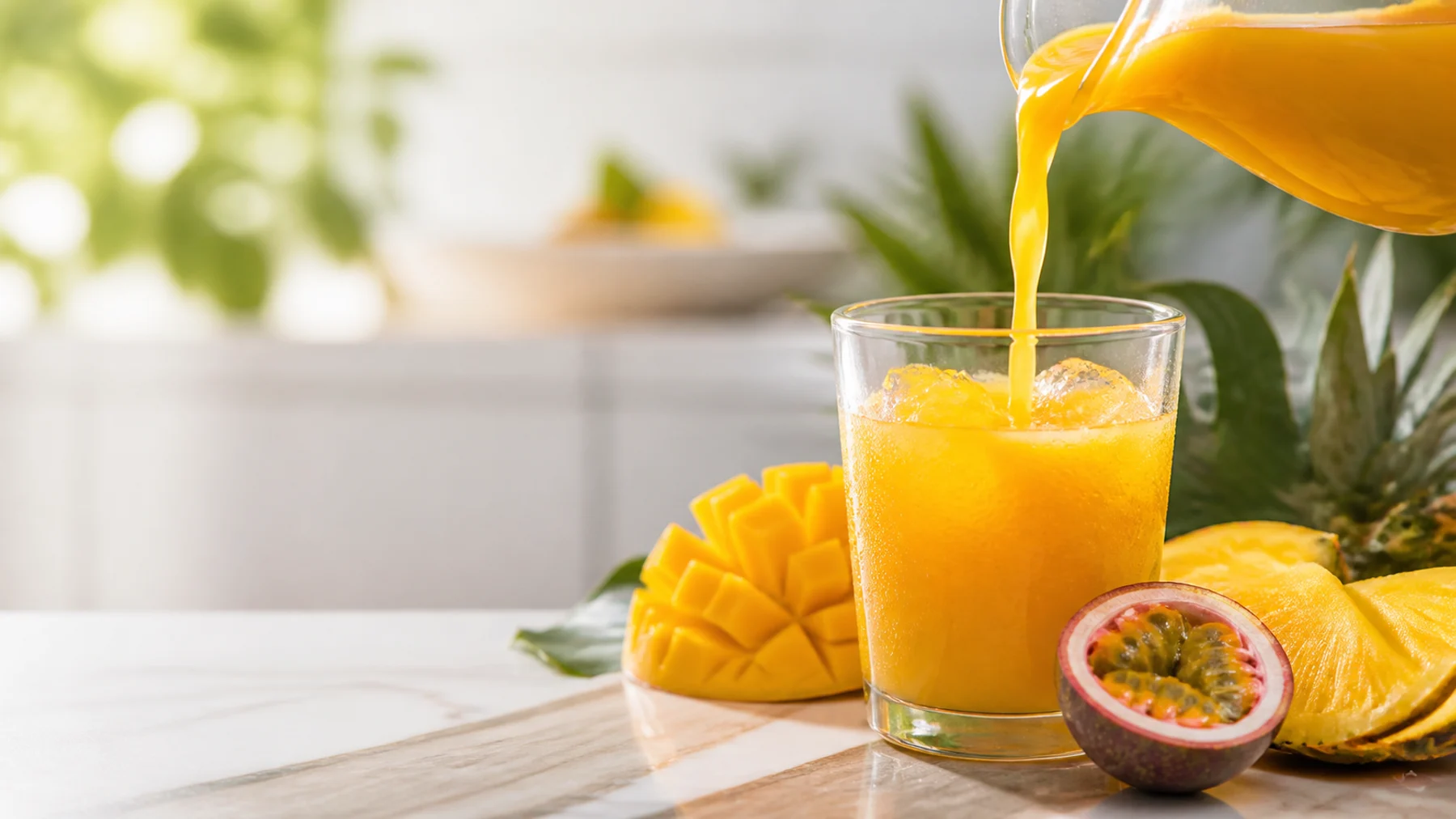 Jugo tropical servido en vaso con fruta fresca